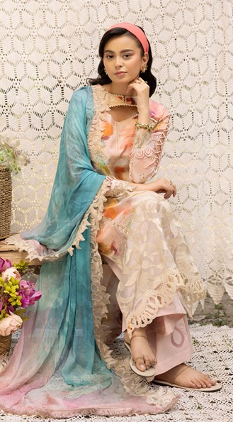 Zuhra by Safanoor threadwork Chiffon Soft Lawn Shirt, Dupatta and Trouser SN10 - Image 3