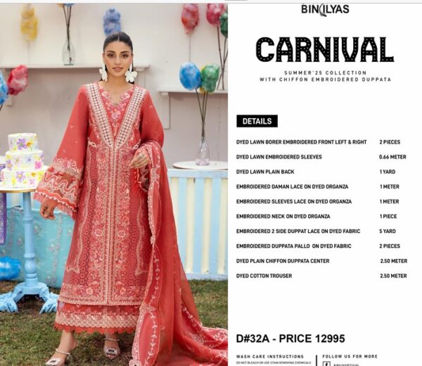 Dyed Lawn Embroidered Shirt with Chiffon Dupatta and Cotton Trouser D32A - Image 2