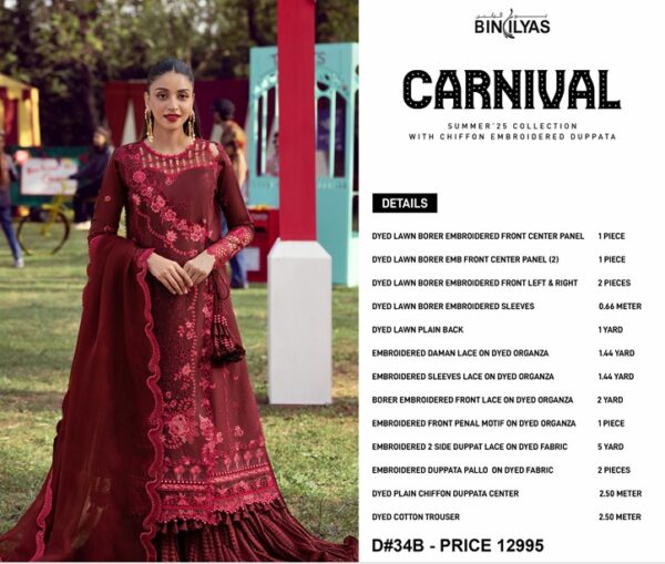 Dyed Lawn Embroidered Shirt with Chiffon Dupatta and Cotton Trouser D34B - Image 2